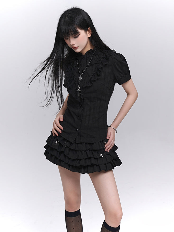 Black Lace Trim Short Sleeves Gothic Blouse