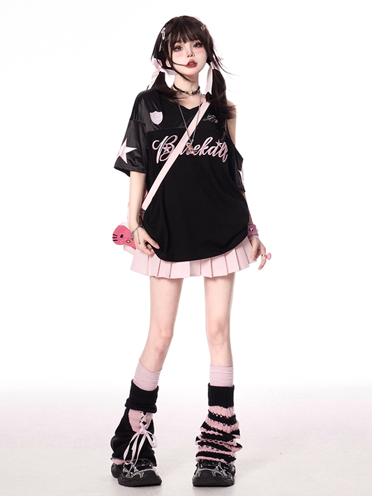 Black and Pink Letter Print Cutout Shoulder V-neck T-shirt