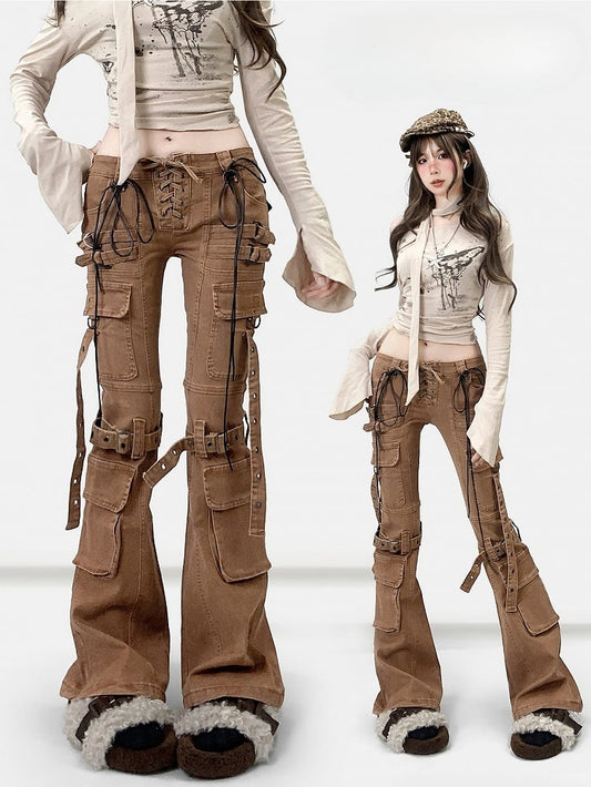 Coffee Brown Wasteland Punk Lace-up Detail Flare Silhouette Jeans