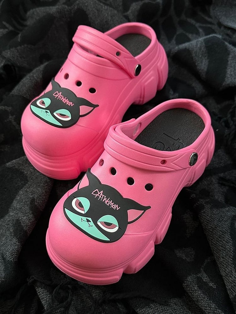 Black Cat Rose Pink Gothic Crocs Hollow Out Vented Clogs