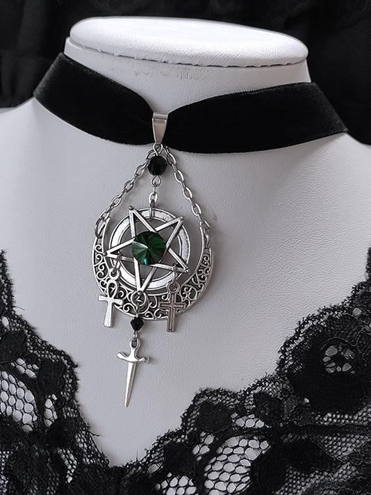 Gothic Pentagram and Crosses Black Punk Velvet Choker