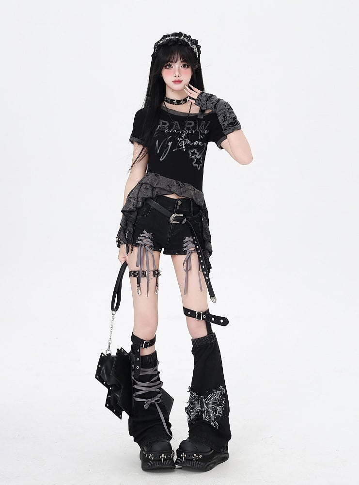 Black and Gray Lace-up Details Hem Denim Shorts with Butterfly Applique Leg Warmers