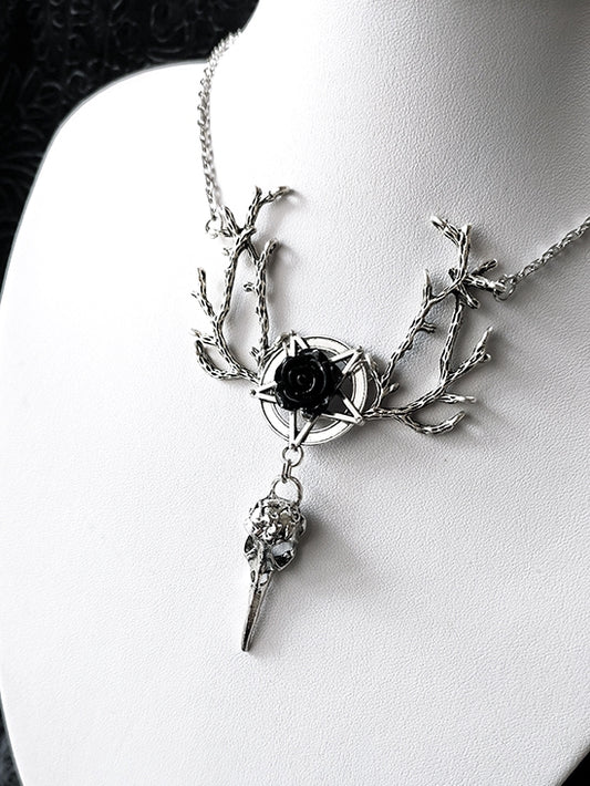 Bird Skull Pendant Gothic Silver Rosette Necklace