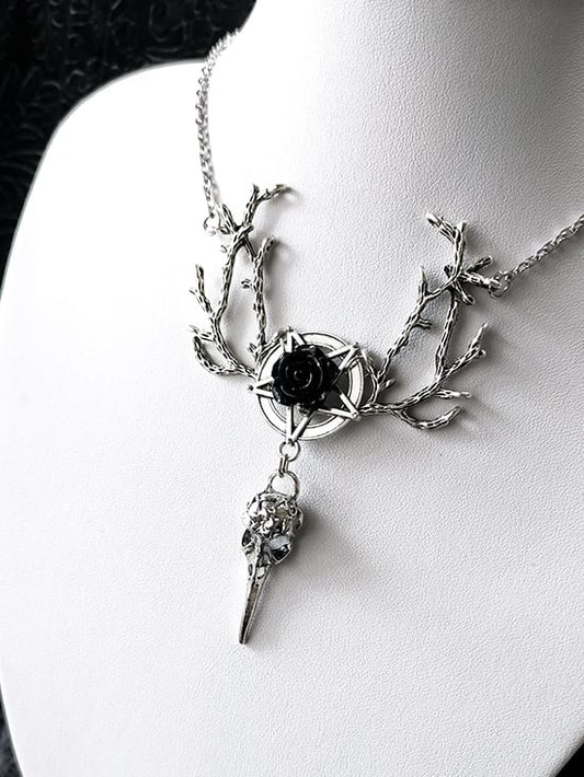 Bird Skull Pendant Gothic Silver Rosette Necklace