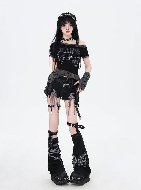 Black and Gray Lace-up Details Hem Denim Shorts with Butterfly Applique Leg Warmers
