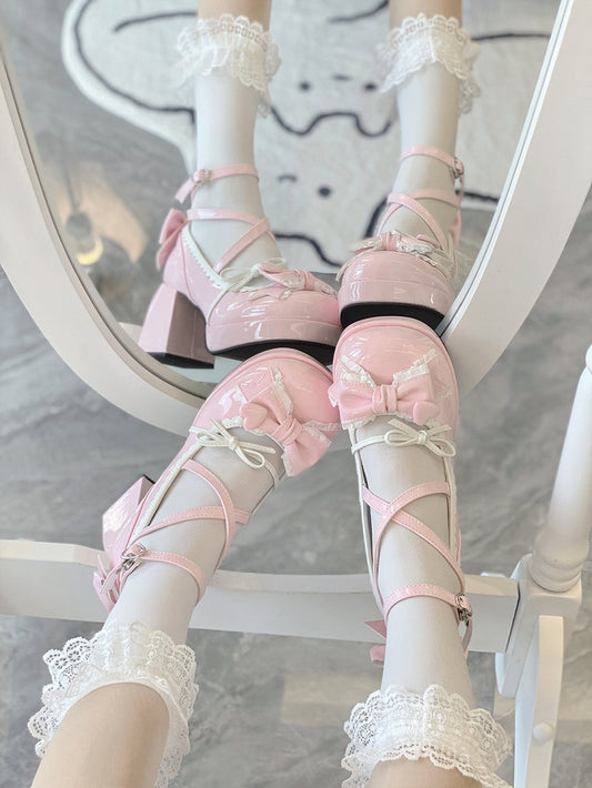 7CM Pink Bow at Top Crisscross Design Sweet Lolita Platform High Block Heels