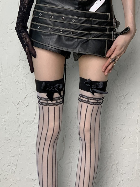 White/Black Y2K Bowknot Details Striped Pattern Semi-sheer Over Knee Stockings