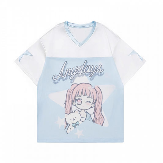 Blue and White Colorblock Design V-Neck Cartoon Girl Print Loose T-shirt