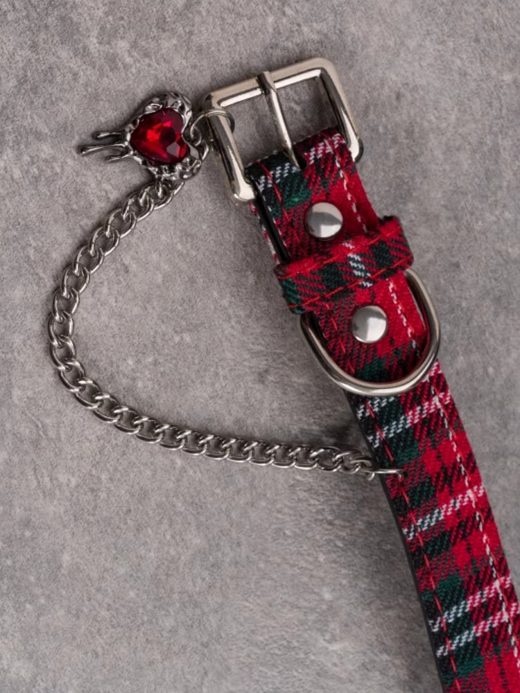 Red&Green Gothic Rhinestone Heart And Chain Pendant Plaid Choker