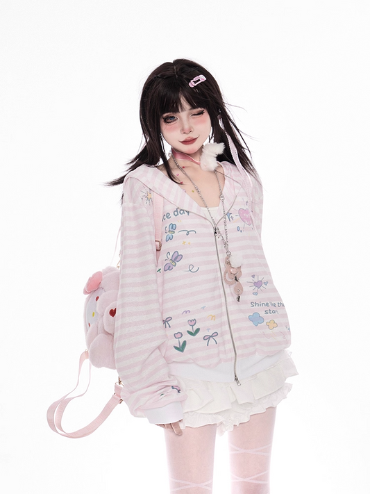 Pink Striped Pattern Y2K Print Zip Closure Hooded Jacket for Autumn