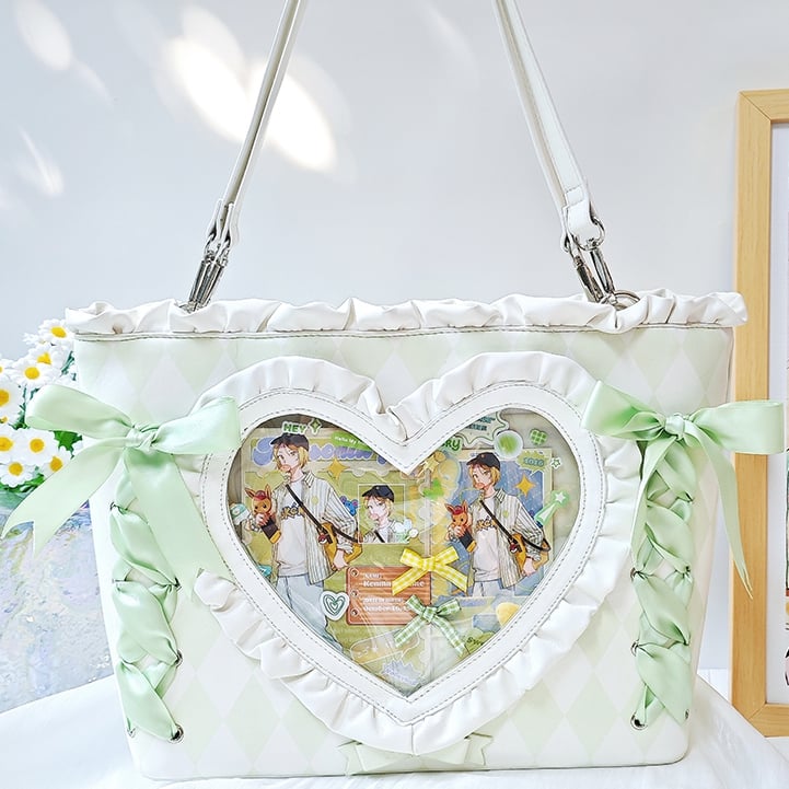 Green Diamond Pattern Lace-up Design Ruffles Trim Heart PU Tota Ita Bag
