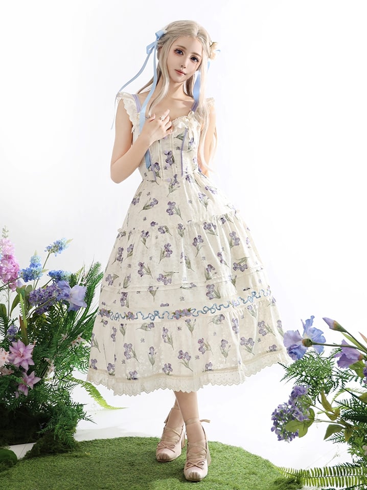 Purple Iris Embroidery Beige Off-the-shoulder Neckline Jumper Skirt