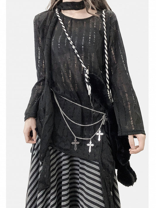 Black Cutout Detail Asymmetrical Hem Long Sleeves Top + Scarf