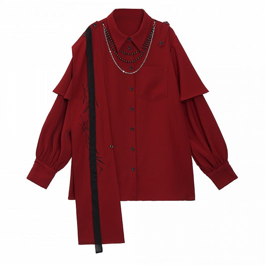 Red Cheongsam Style Draping Shirt - Detachable Cape & Embroidered Bamboo