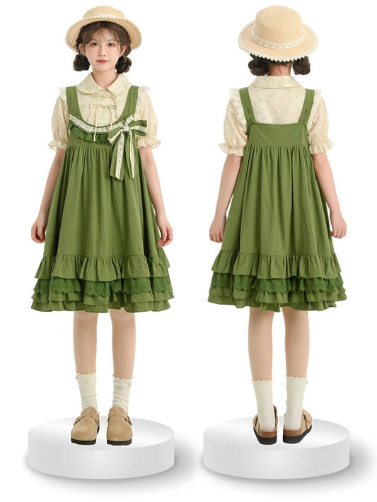 Green Ruffle Hem Sweet Overall Dress with Detachable Bowknot