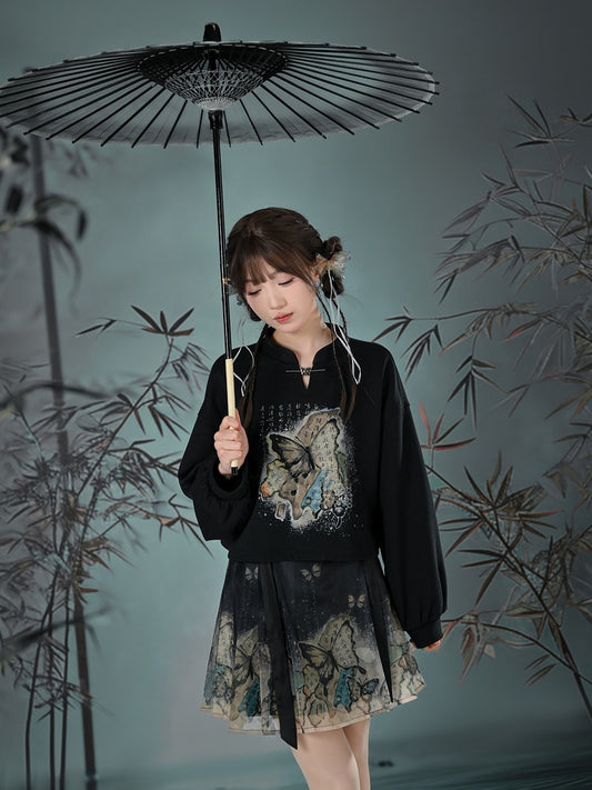 Cheongsam Style Butterfly Print Black Horse-Face Pleated Skirt Long/Short Version