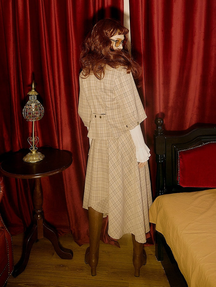 Light Brown Vintage Plaid Skirt Side Thigh-high Slit