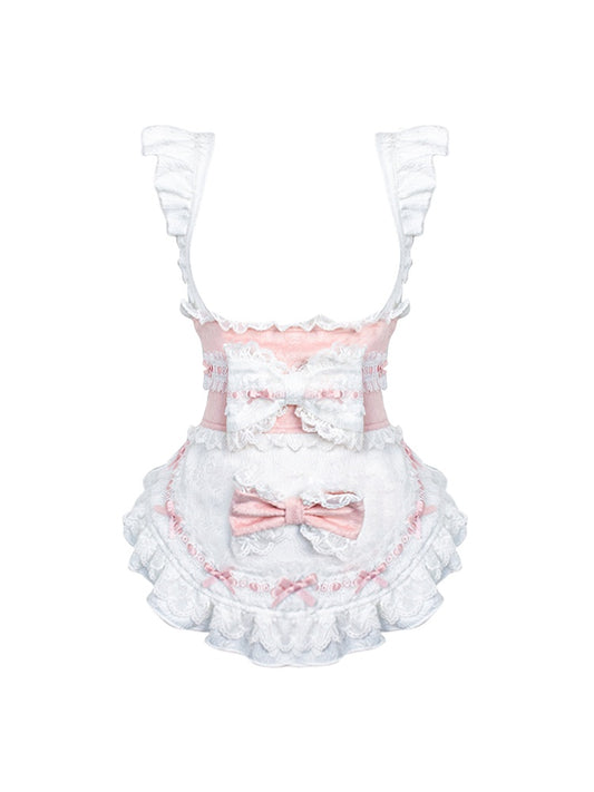 Pink & White Sash Apron with Lace Trim and Bow Accents