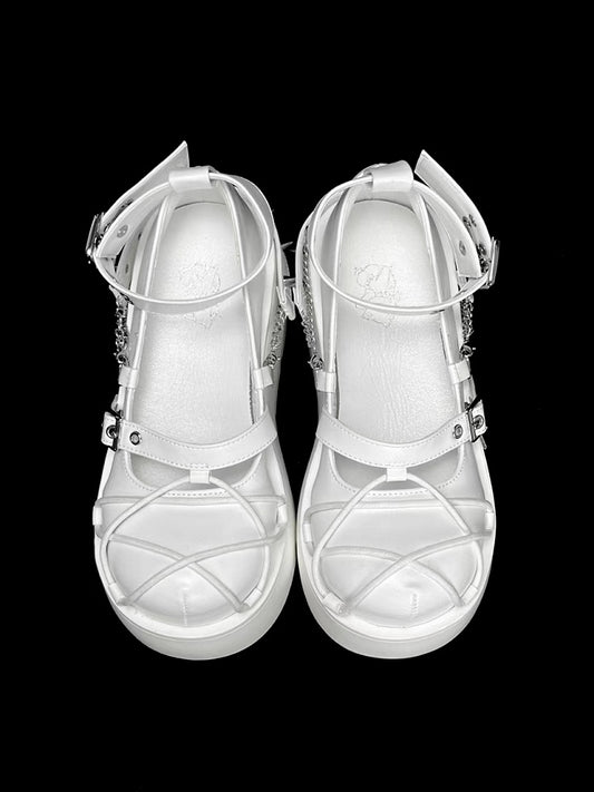 White Star Design Straps Punk Platform Shoes with Silver-tone Studs and Chains
