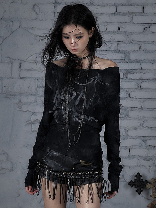 Wasteland Punk Black Off-the-shoulder Neckline Lace-up Design Top
