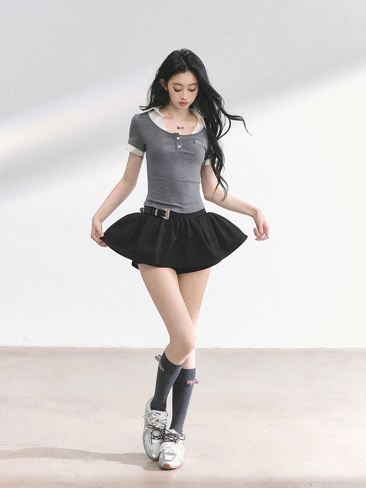 Gray and White Partial Floral Button Placket Faux Two-pieces T-shirt