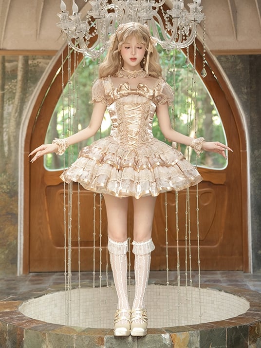 Bunny and Kitty Print Champagne Short Puff Sleeves Lolita Corset Dress