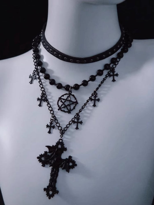 Pentagram and Cross Pendant Black Gothic Triple Layered Necklace