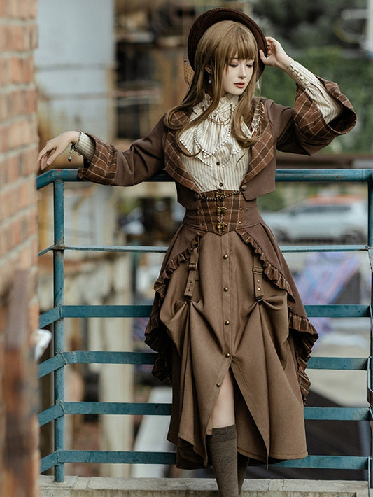 Steampunk Dark Brown Plaid Pattern Ruffled Hem Train