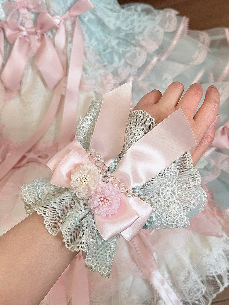 Green&Pink Floral Design Beaded Charm Bowknot Wrist Cuffs