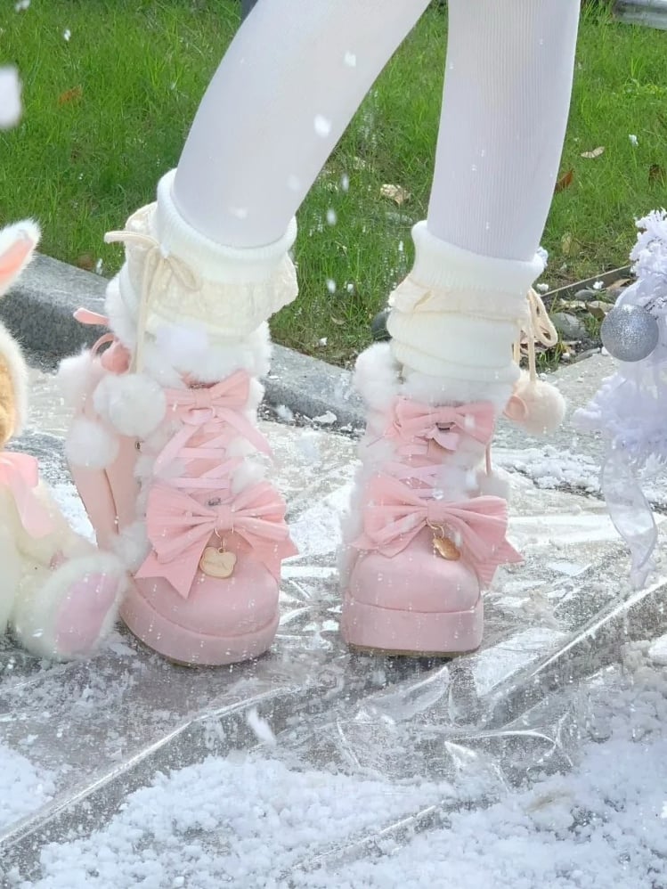 Pink Winter Boots for Lolita with Pompom Decor, Bow Accents & Plush Interior