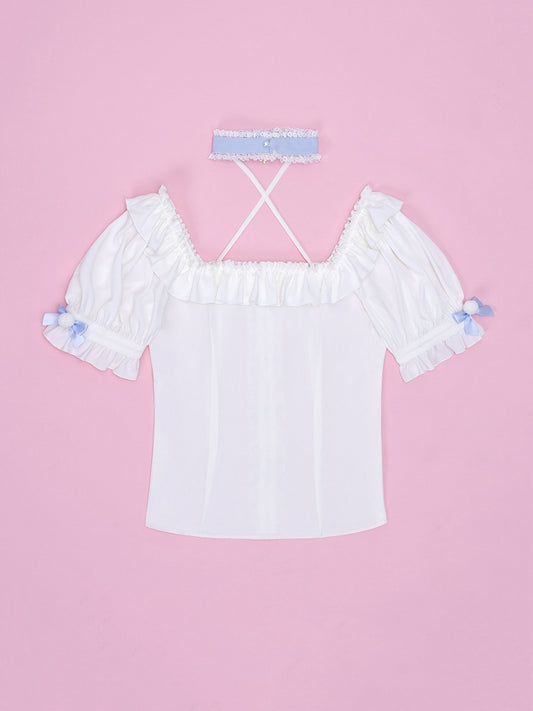 White Square Neckline with Blue Choker Halter Neck Jirai Kei Short Sleeves Blouse