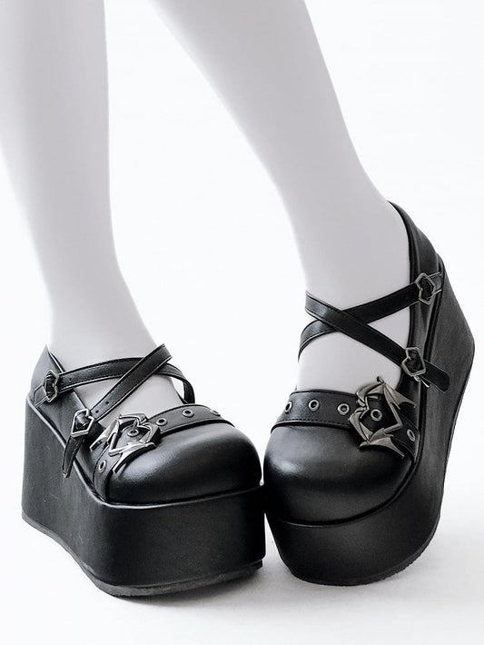 Black Y2K Crisscross Design Wings Decorated Heart Buckles Platforms