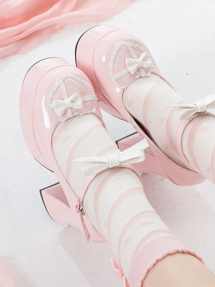 Bow Accents Heart Design Pink and White Platform Block High Heels