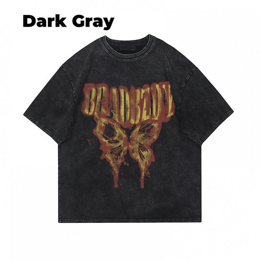 Dark Gray/Brown/Black/White Butterfly Print Vintage Loose T-Shirt