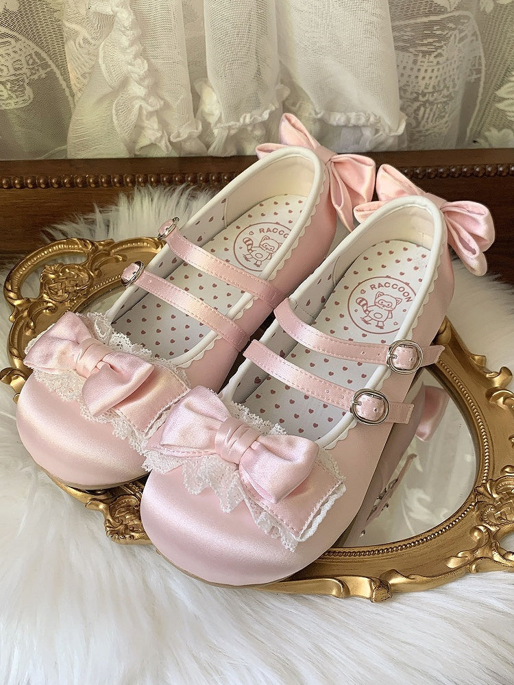 Sweet Pink Lolita Mary Janes - Ruffled Lace Edging, Ornate Bow & Dual Fasteners