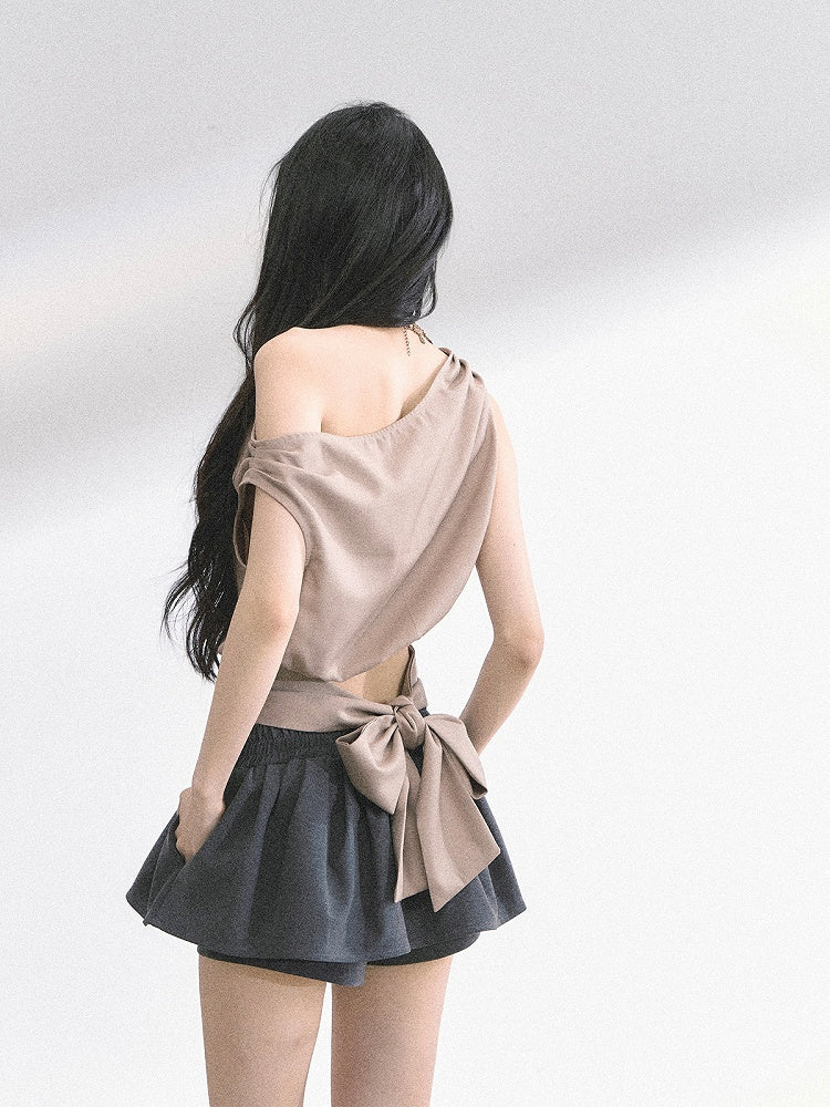 Apricot/Khaki Asymmetrical Neckline Self-tie Bow Back T-shirt