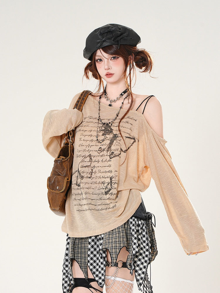 Butterfly Print Asymmetrical Neckline Khaki/White Semi-sheer Coverup