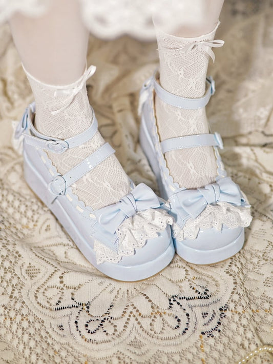 Baby Blue Bow at Top Lace Trim Heart Buckles Platforms