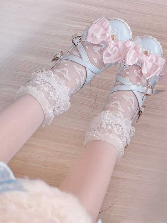 Blue Bow at Top Crisscross Design Heart Buckles Lace Trim Platforms