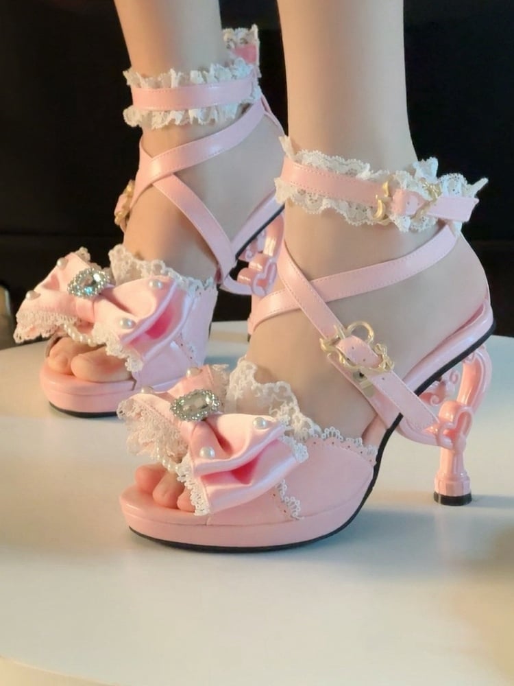 Pink Hime Gyaru Shoes Magical Girl Bow at Top Heart-shaped High Heels Sandals