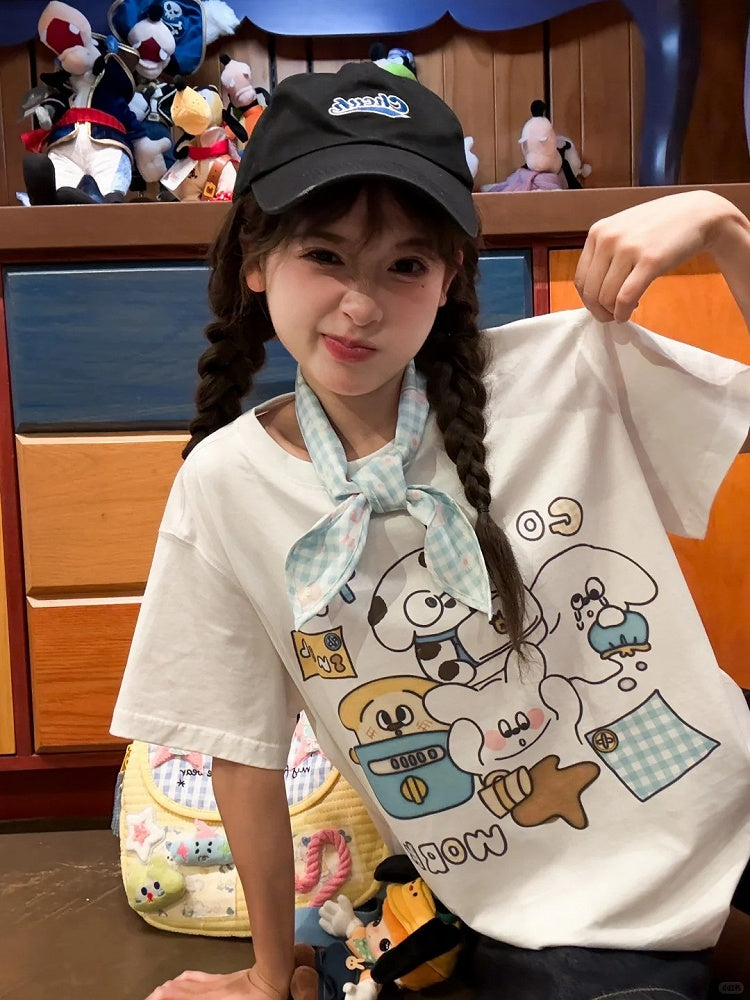 Adorable Animal Print White Round Neck Loose Cotton T-shirt