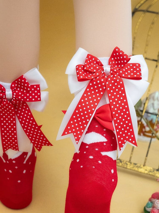 Red Bowknot Print Polka-dot Calf Socks
