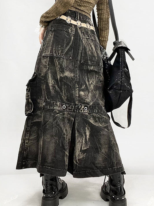Black Faded Wash Cargo Pockets Wasteland Punk Skirt
