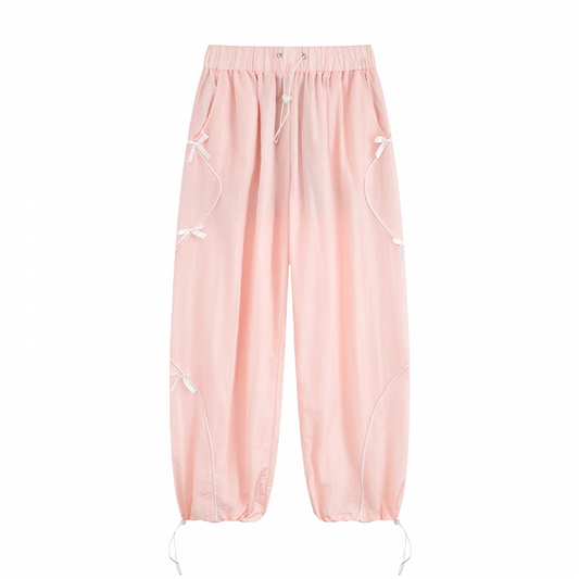 Pink Drawstring Waist and Cuffs Bowknot Details Wide-leg Casual Pants