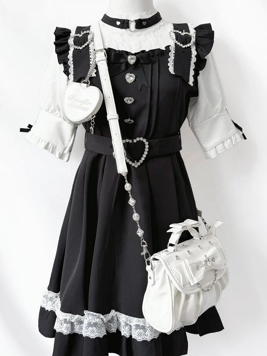 Detachable Rhinestone Strap & Crown-Embellished Bow Accent White Hand/Crossbody Bag in Jirai Kei