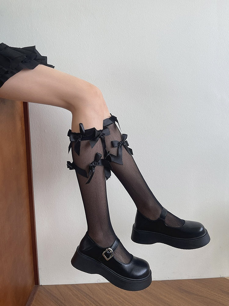 White/Black Bowknot Details Semi-sheer Underknee Stockings