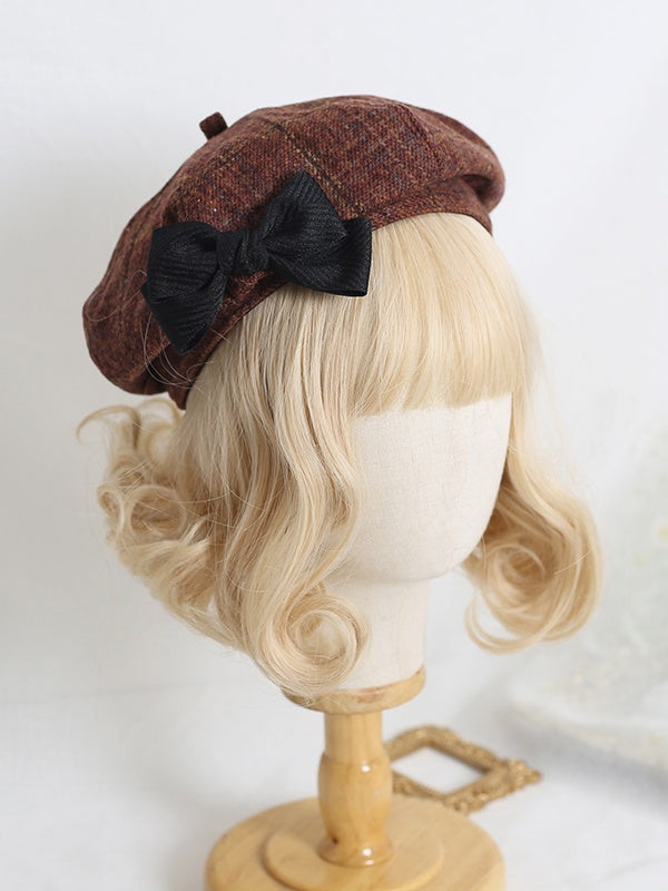 Cute Lolita Brown Beret with Black Bowknot Decoration