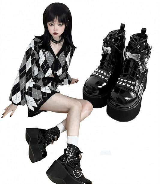 Punk Polished Black Platform Ankle Boots Silver-tone Studs
