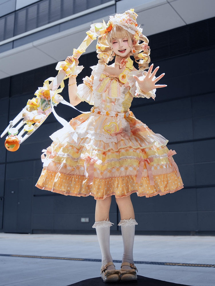 Orange Persimmon Cake Bow Accents Tiered Skirt Sweet Lolita Dress