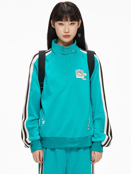 Blue High Neck Sporty Sweatshirt with Side Stripes